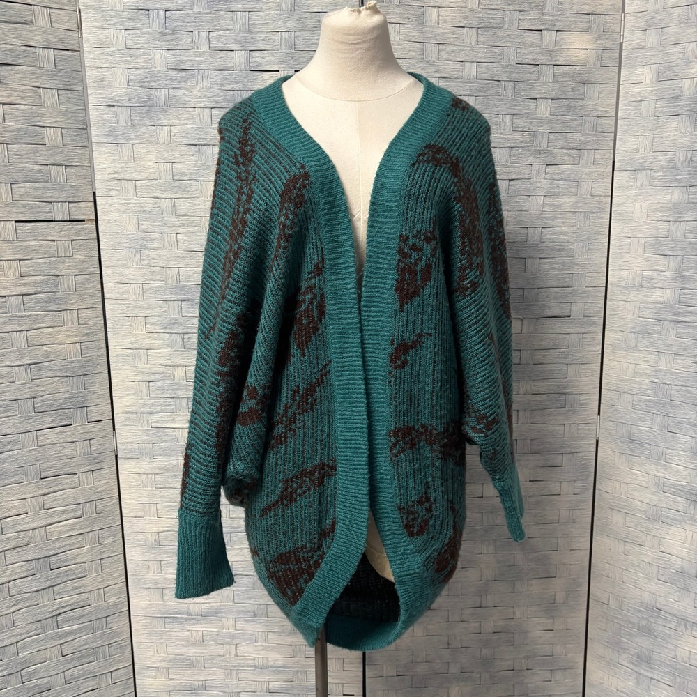 Miss Me Small Dark Teal Brown‎ Feather Print Kimono Cardigan Sweater
